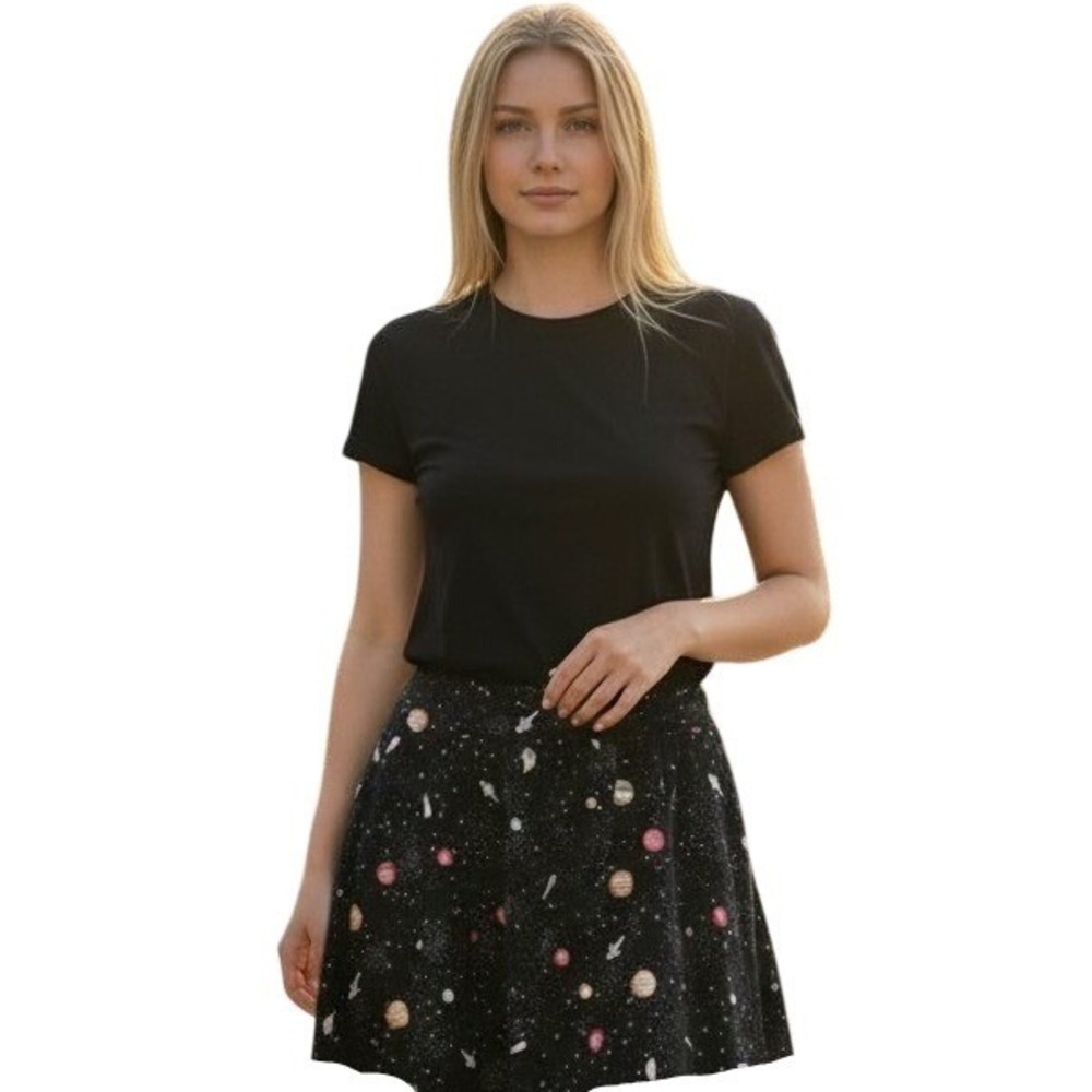 M JESSY B outer space galaxy galactic planets stars skater mini skirt sheer line